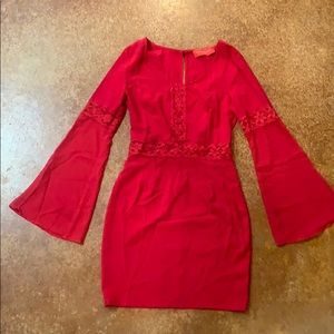 Bell sleeve red mini dress with slit back